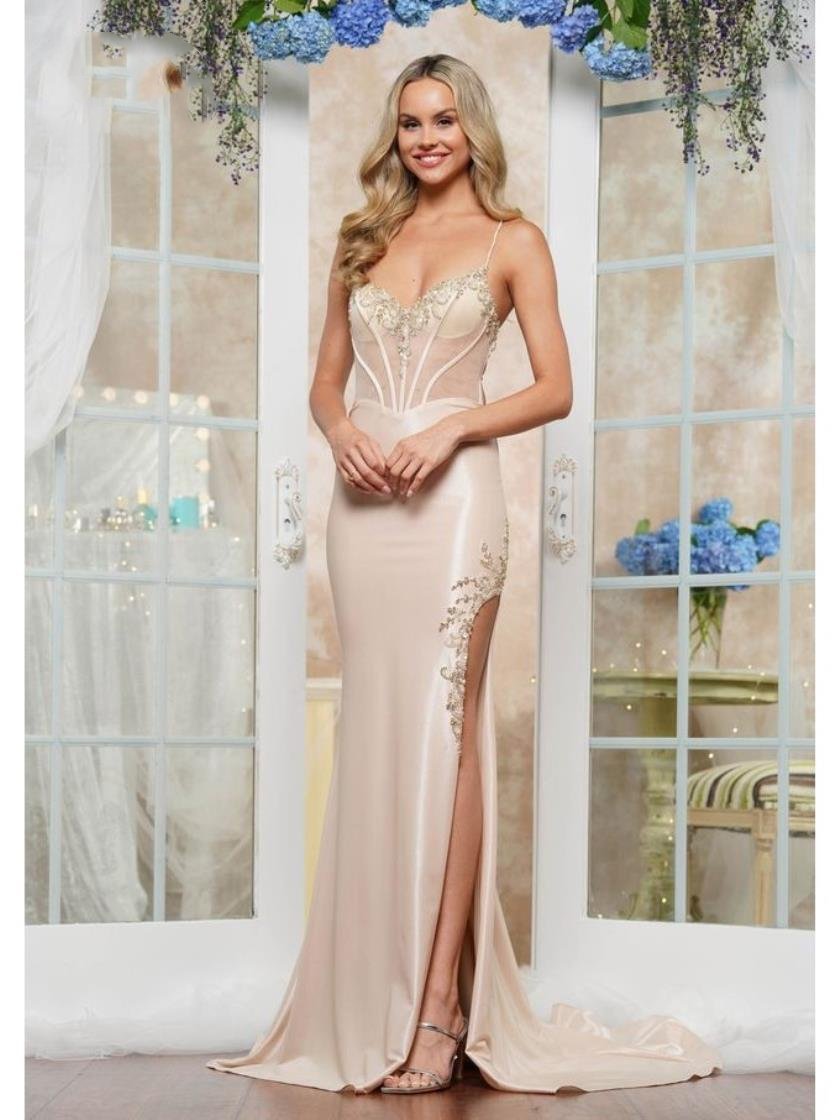 Prom Dresses Fitted Formal Flare Corcet Long Prom Dress Champagne