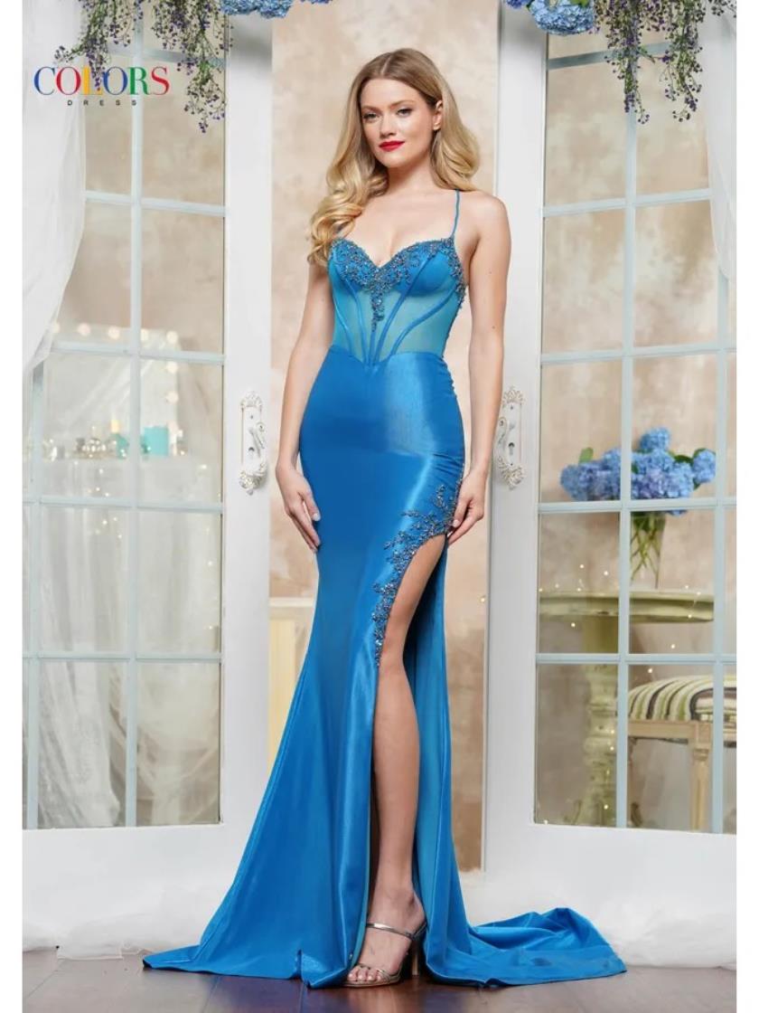 Colors 3524 Fitted Formal Metallic Long Prom Dress