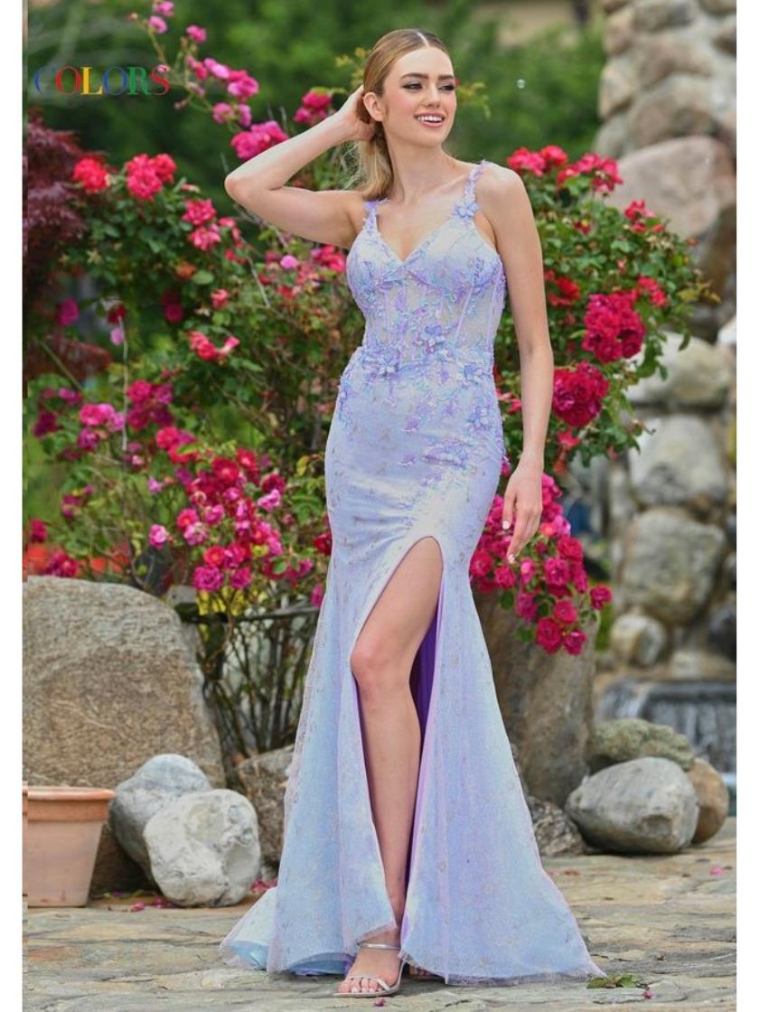 Colors 3526 Long Floral Glitter Formal Prom Dress