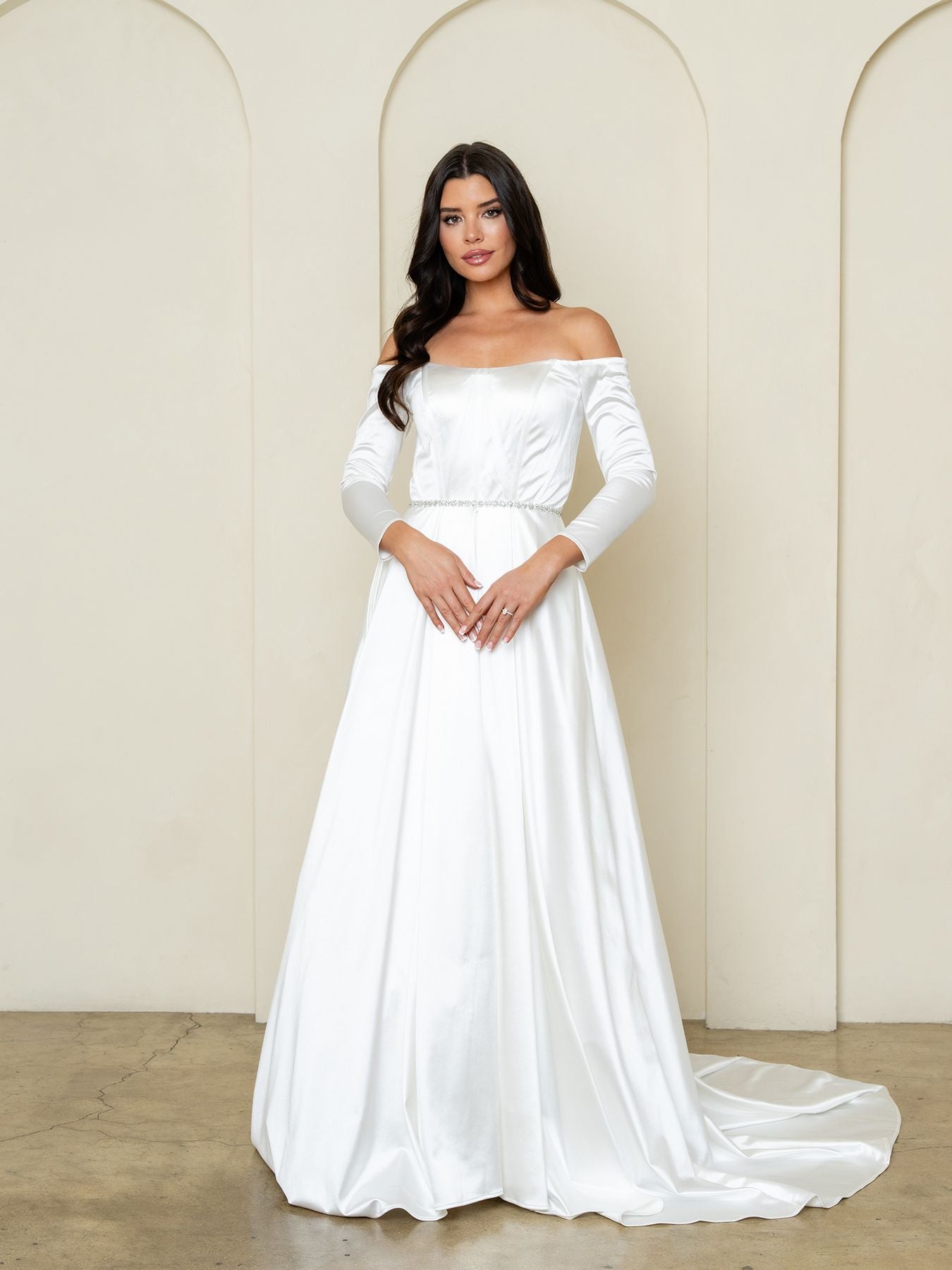 Off-the-Shoulder Floor-Length with Train Satin Wedding Dress A-Line Eva Fashion 3528