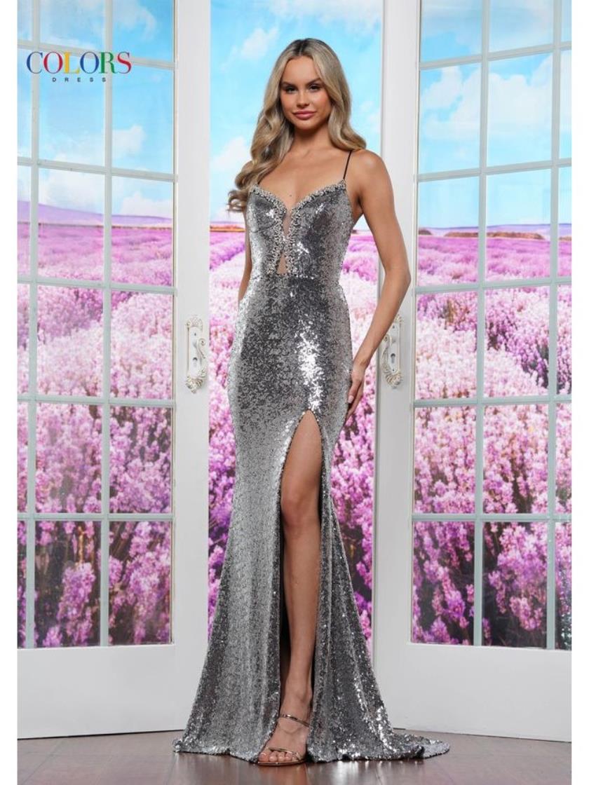 Colors 3528 Long Formal Slit Fitted Sequin Prom Dress