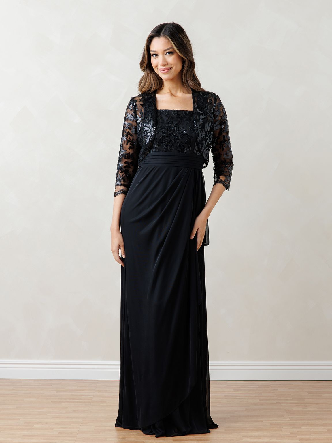 Eva Fashion 3531 Sequin Long Formal Lace Bolero Evening Dress - Black / M Eva Fashion 3531 Sequin Long Formal Lace Bolero Evening Dress - Black / M