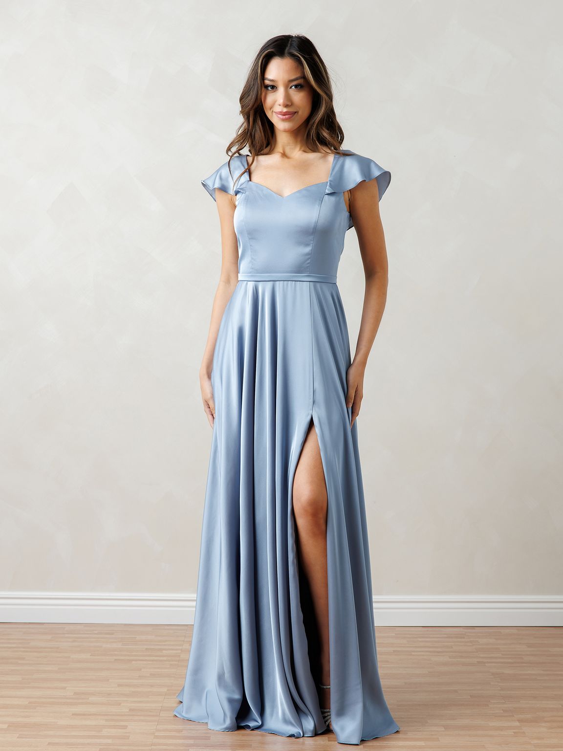 Formal Dresses A Line Long Formal Flutter Sleeve Prom Dress Dusty Blue