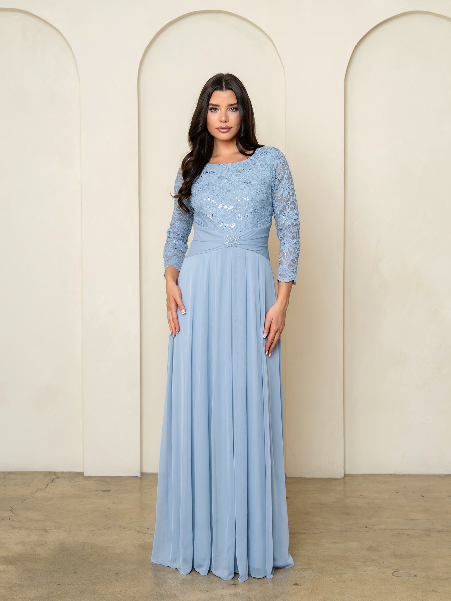 Mother of the Bride Dresses Long Formal Lace Fitted Mother of the Bride Dress Dusty Blue