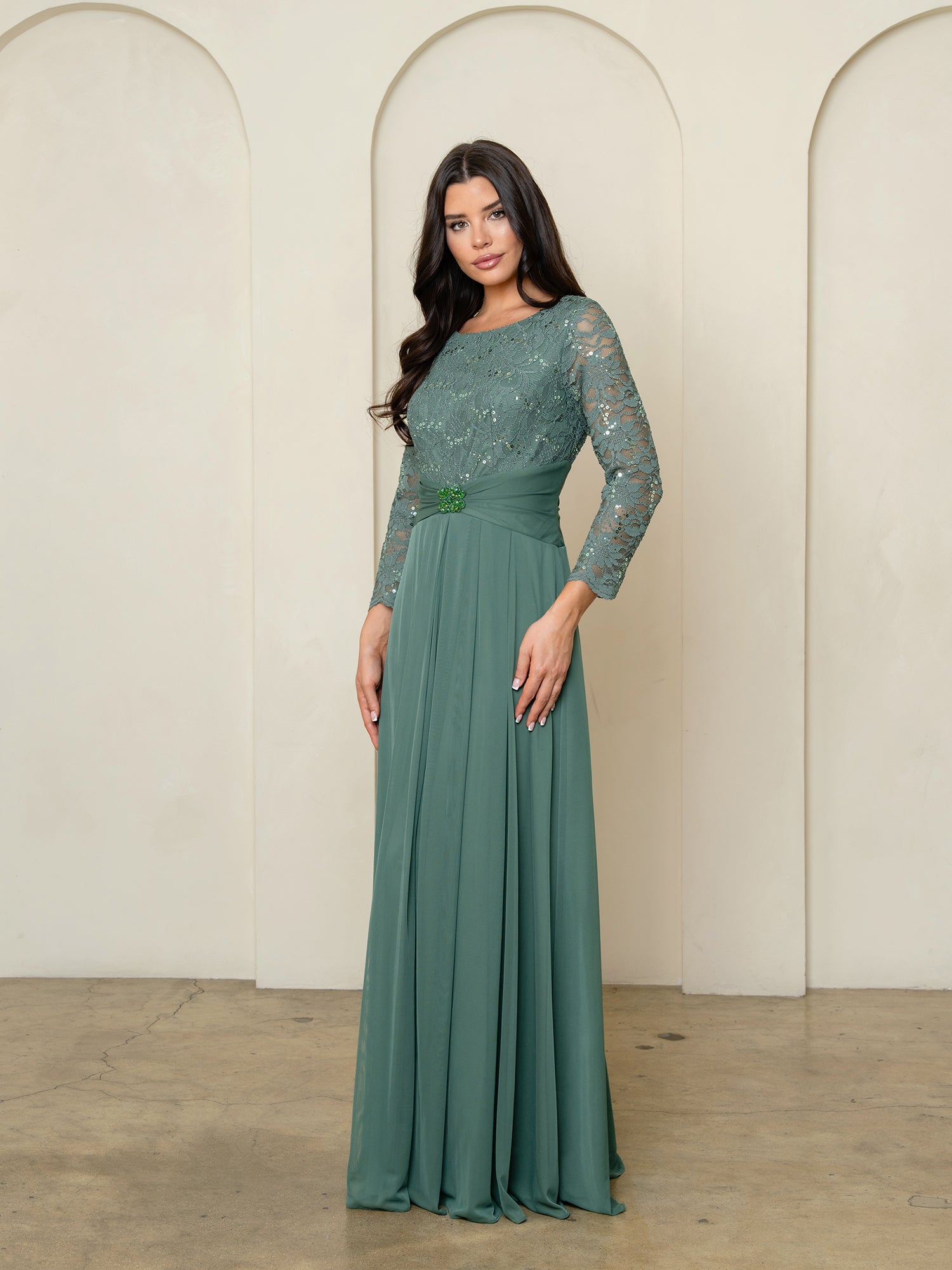 Eva Fashion 3533 Long Formal Lace Fitted Mother of the Bride Dress - Eucalyptus / M Eva Fashion 3533 Long Formal Lace Fitted Mother of the Bride Dress - Eucalyptus / M