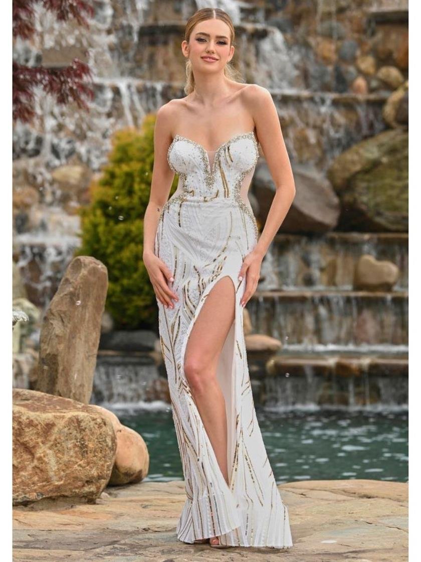 Prom Dresses Long Fitted Formal Beaded Flare Prom Dress White Gold