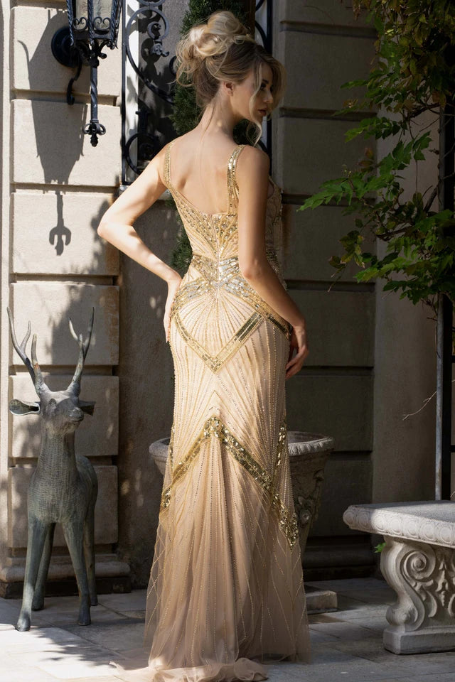 V-Neck Floor-Length Sequin Evening Sheath Lenovia 8443