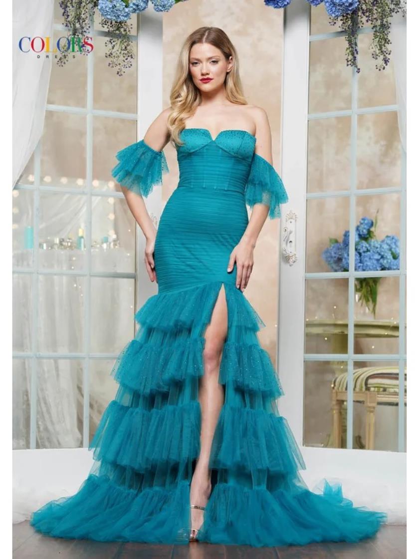 Colors 3539 Long Formal Fitted Ruffle Prom Dress