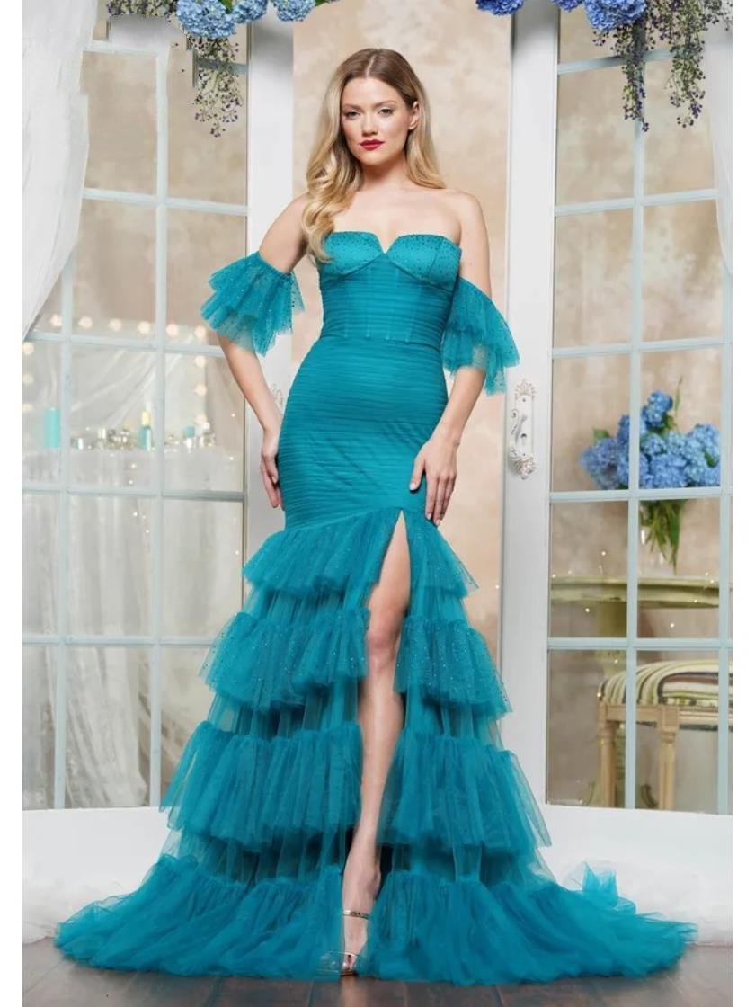 Prom Dresses Long Formal Fitted Ruffle Prom Dress Teal