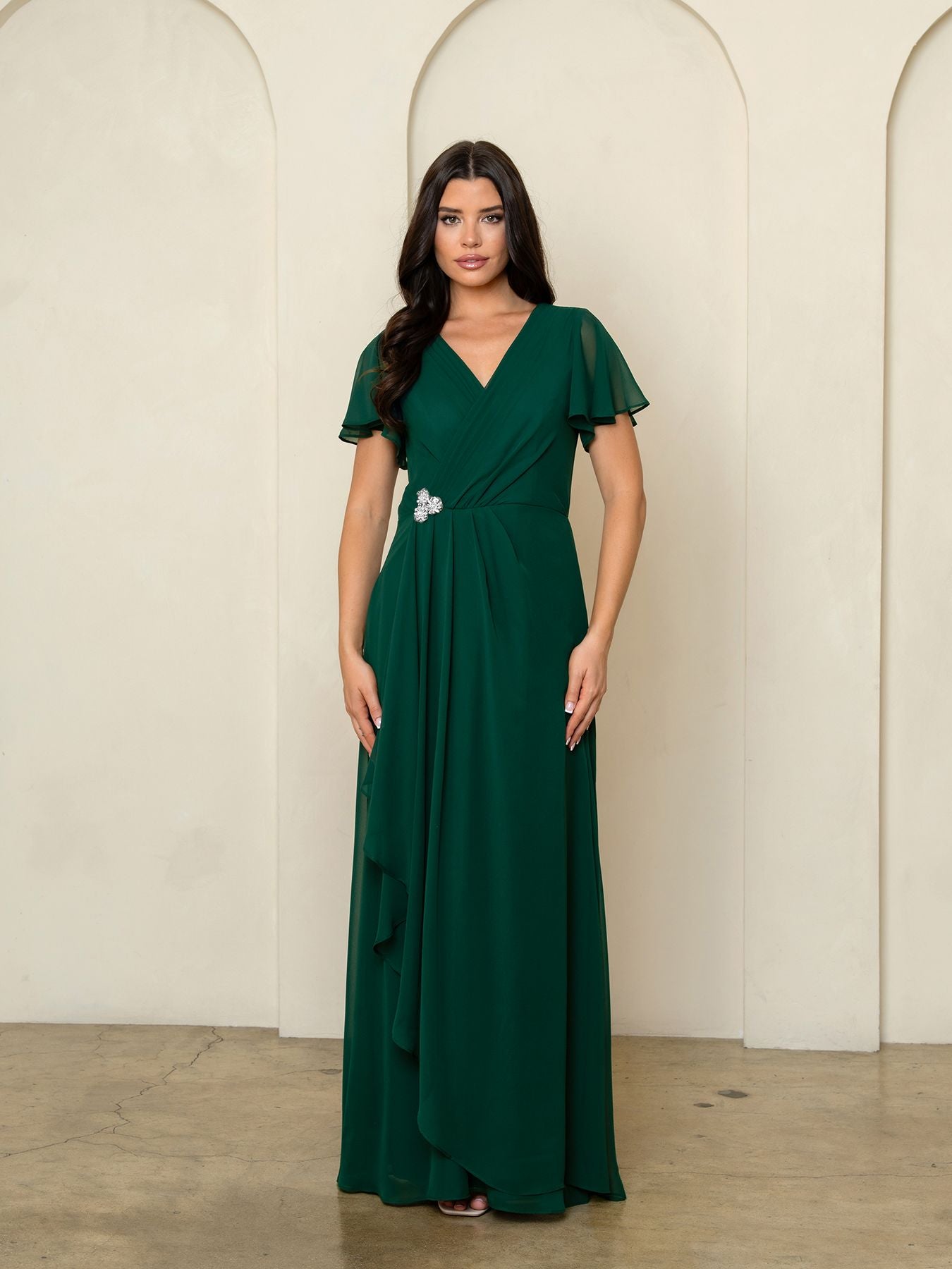 V-Neck Long Chiffon Mother of the Bride Dress by Eva Fashion 3540 in Hunter Green