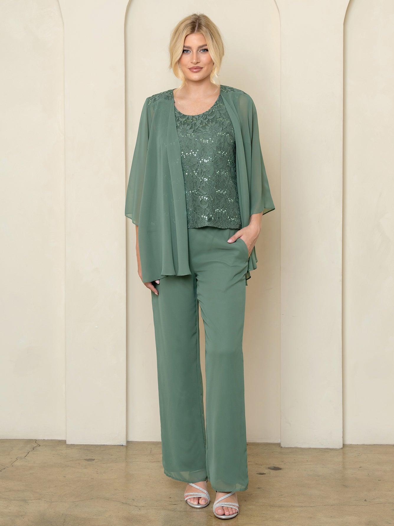 Pant Suit Long Formal Lace Pant Suit Eva Fashion 3541 Eucalyptus