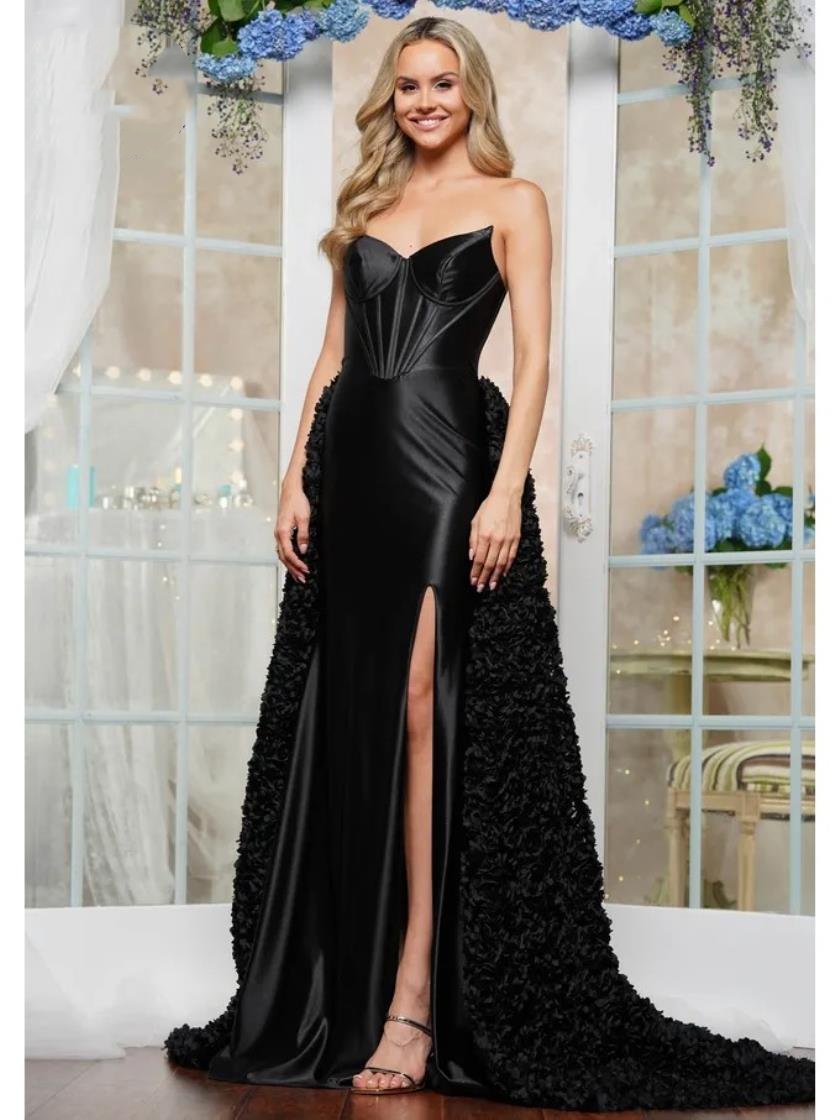 Prom Dresses Long Fitted Floral Overskirt Formal Prom Dress Black