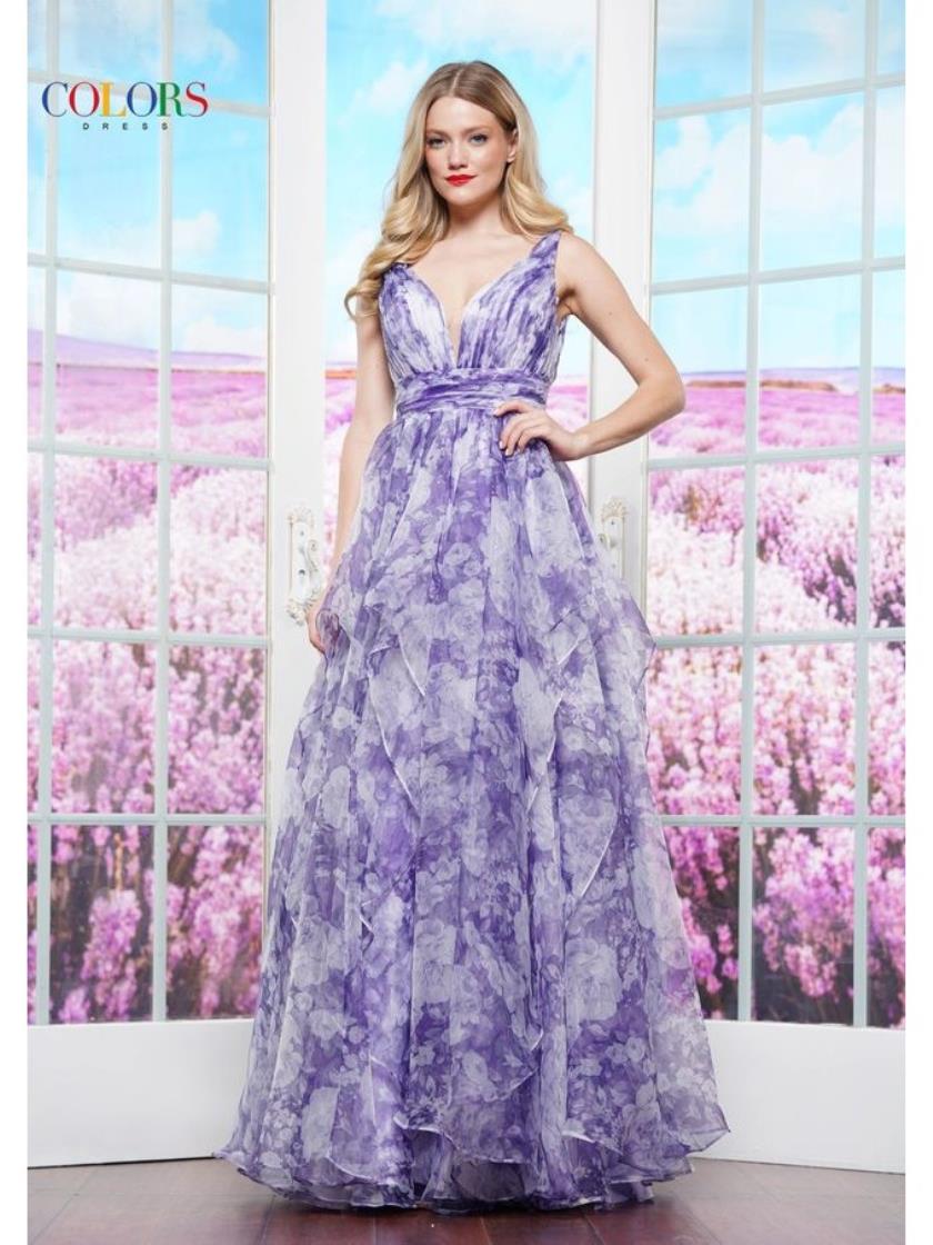 Colors 3545 Formal Printed Ruffle Long Prom Dress