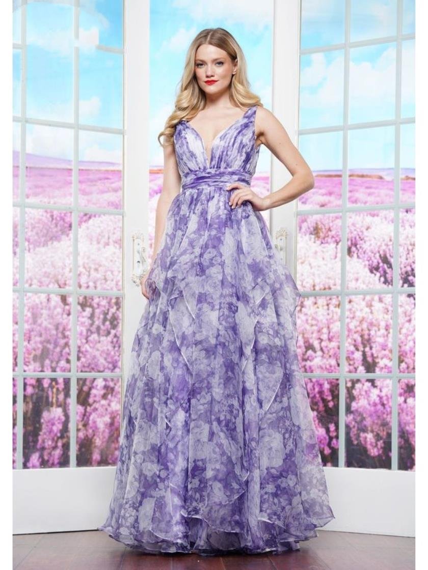 Prom Dresses Formal Printed Ruffle Long Prom Dress Lavender