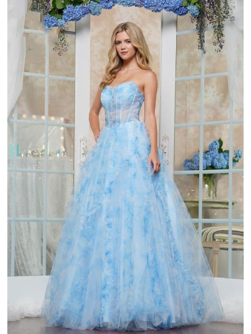 Prom Dresses Long Print Mesh Formal Prom Dress Blue