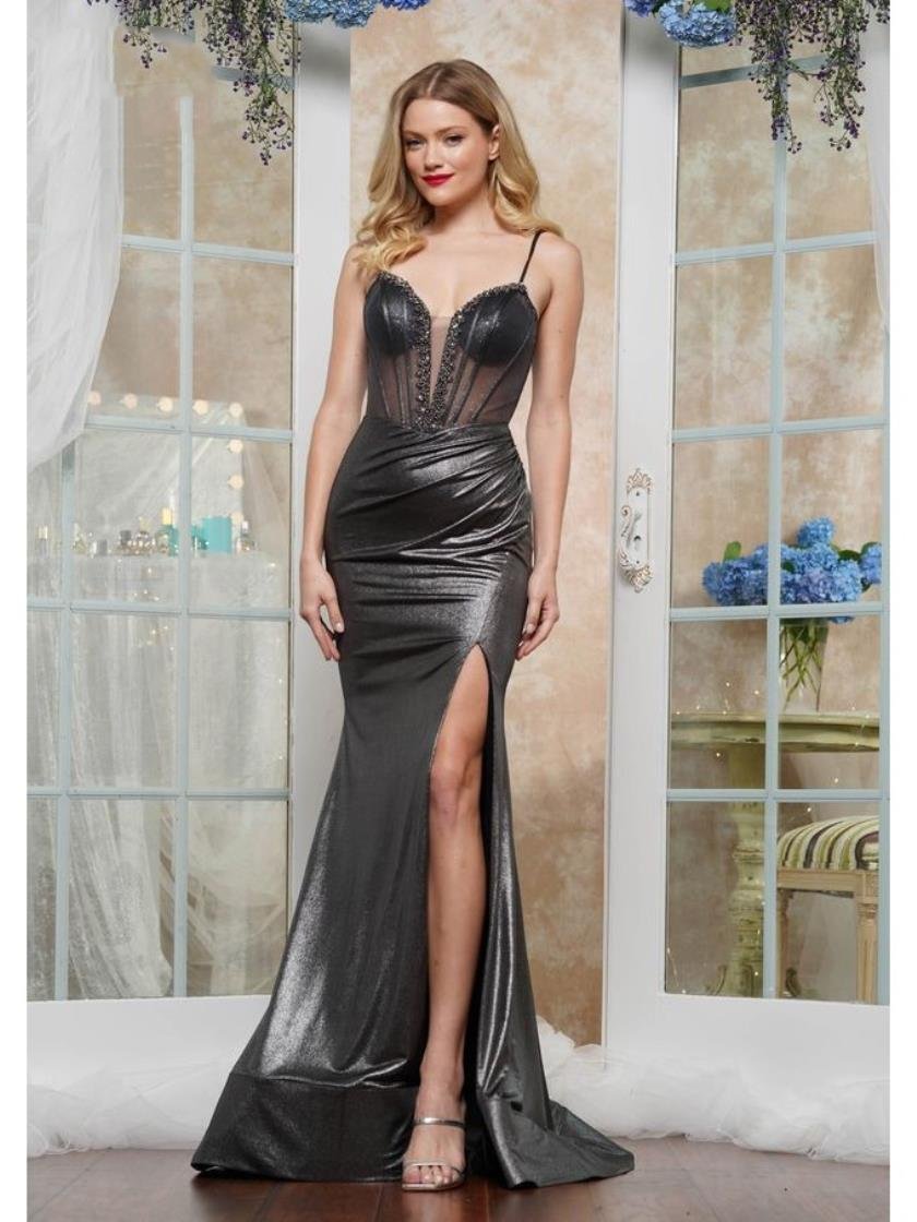 Prom Dresses Fitted Long Formal Beading Prom Dress Gunmetal