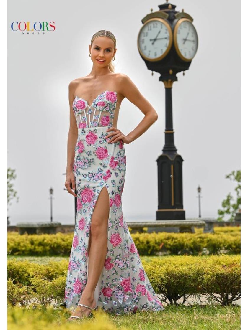 Colors 3550 Long Floral Formal Sequin Prom Dress