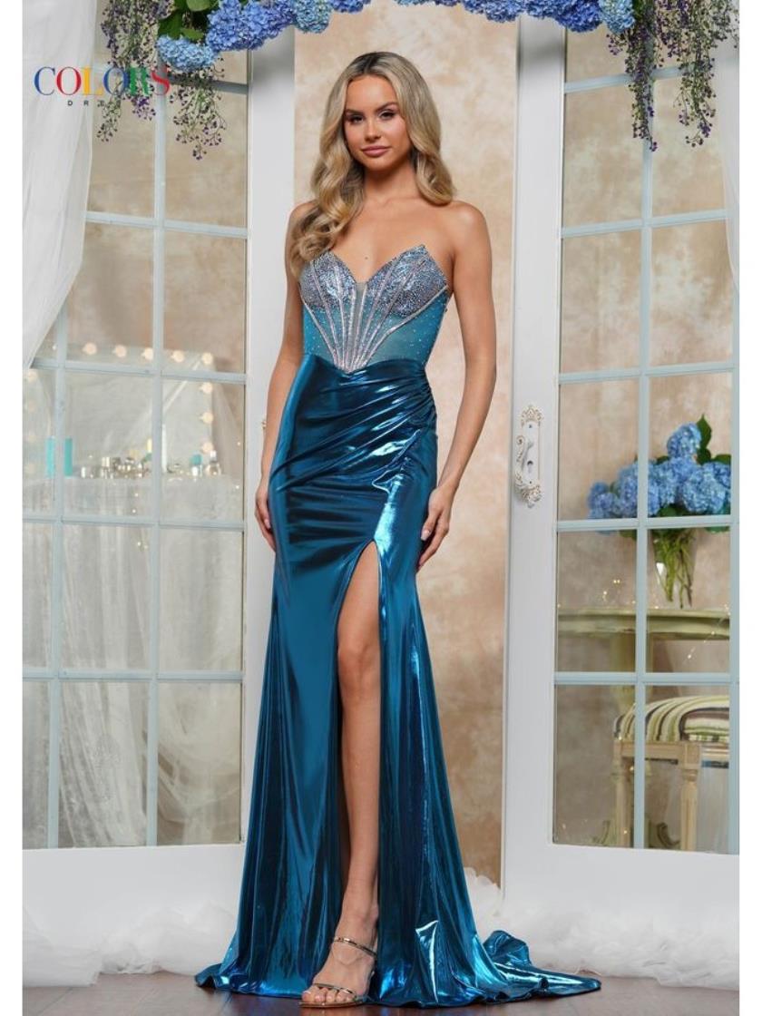 Colors 3551 Fitted Long Formal Metallic Slit Prom Dress