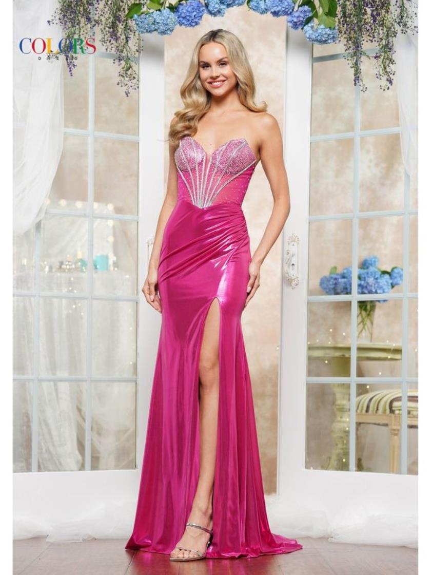 Colors 3551 Fitted Long Formal Metallic Slit Prom Dress