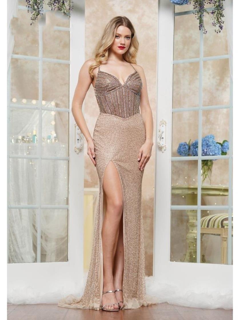 Prom Dresses Long Beaded Bustier Formal Prom Dress Nude