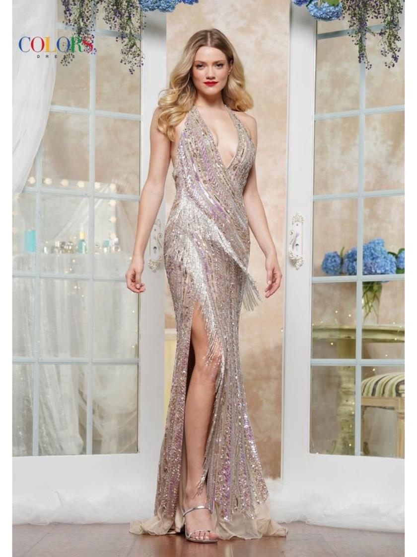 Colors 3555 Formal Fitted Long Fringe Slit Prom Dress