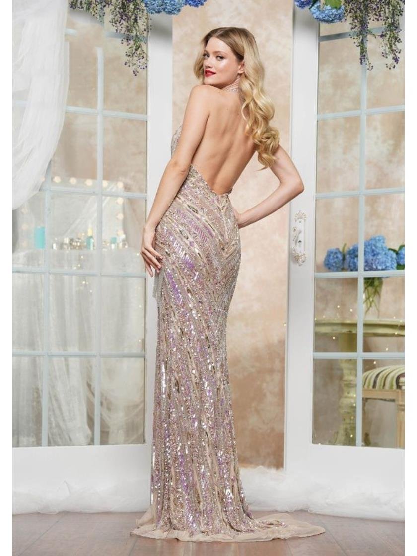 Prom Dresses Formal Halter Long Fringe Slit Prom Dress Light Nude