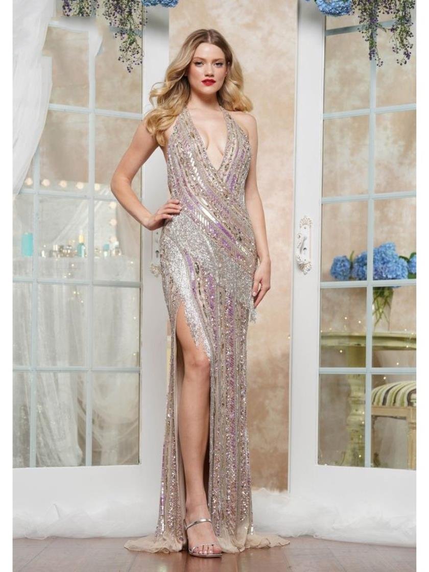 Prom Dresses Formal Halter Long Fringe Slit Prom Dress Light Nude