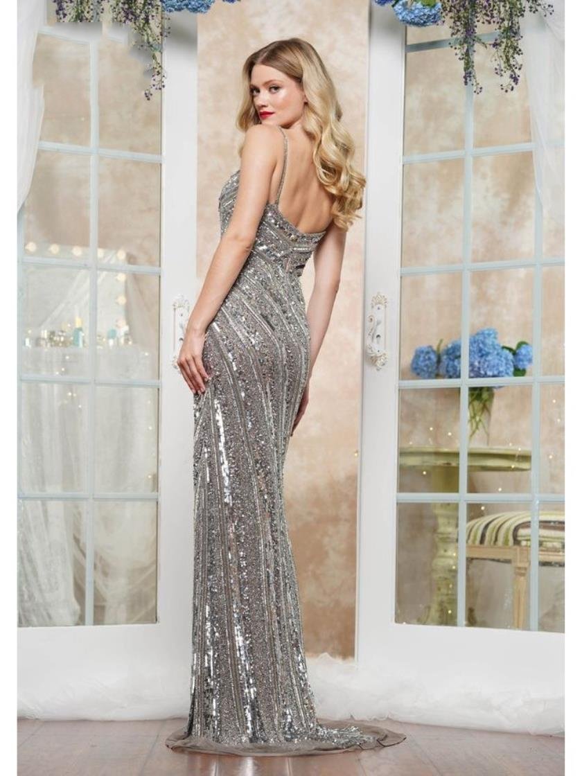 Prom Dresses Formal Long Beaded Motif Slit Prom Dress Platinum