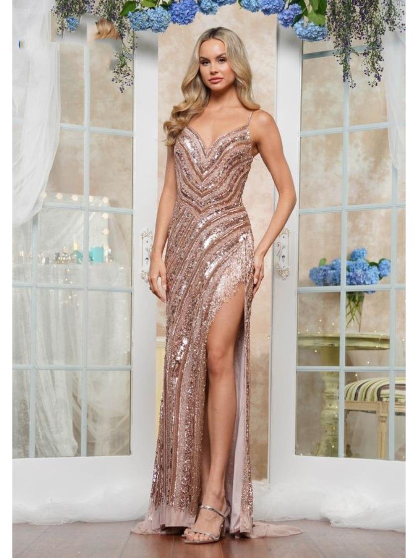 Prom Dresses Formal Long Beaded Motif Slit Prom Dress Rose Gold