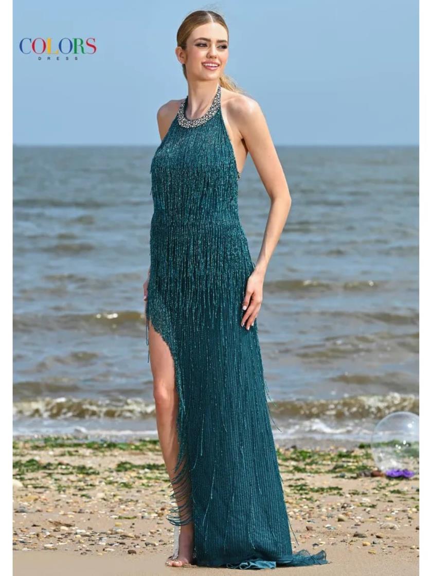Colors 3558 Formal Beaded Fringe Long Prom Dress