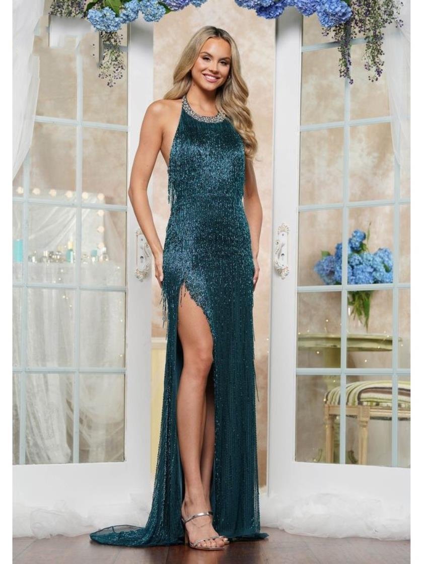 Prom Dresses Formal Beaded Halter Fringe Long Prom Dress Teal
