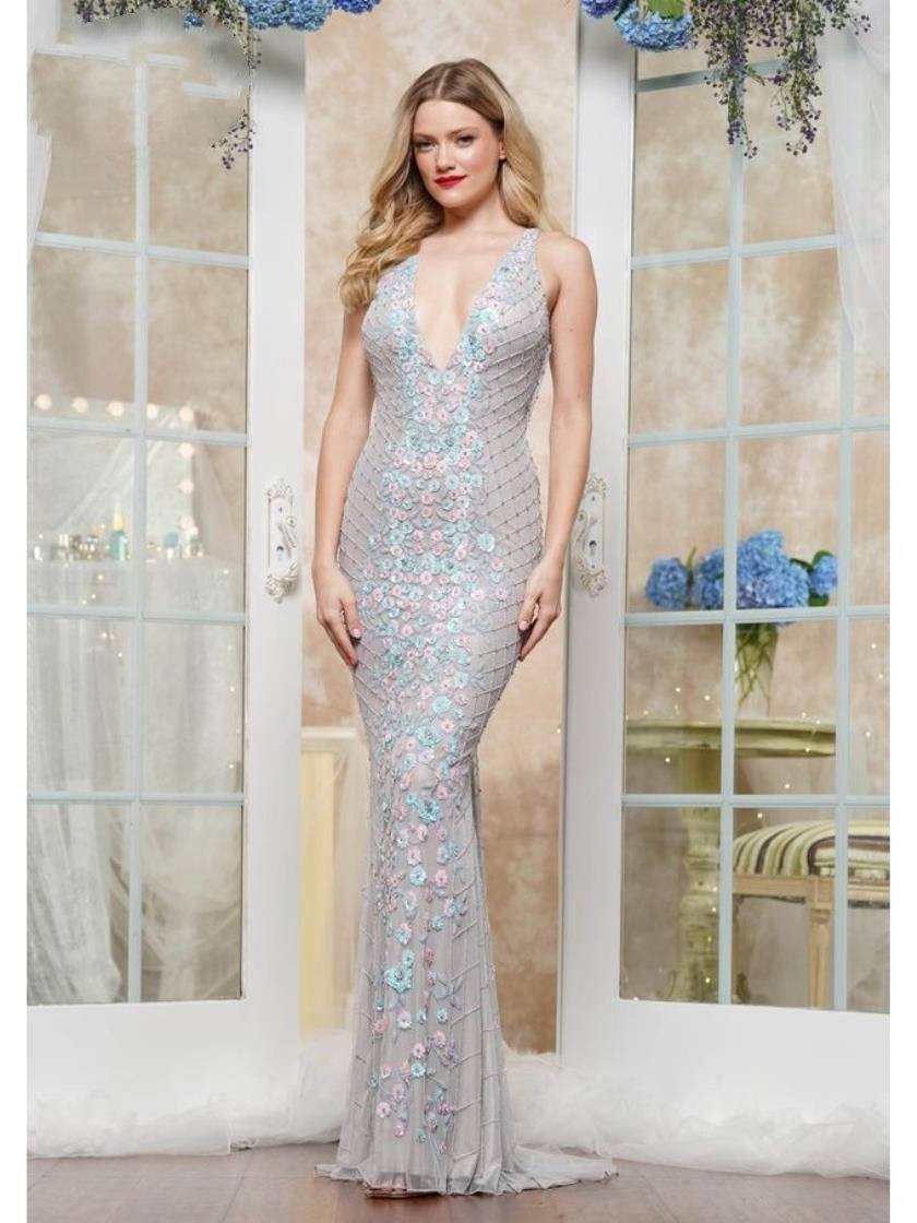 Prom Dresses Long Floral Beaded Fitted Formal Prom Dress Grey