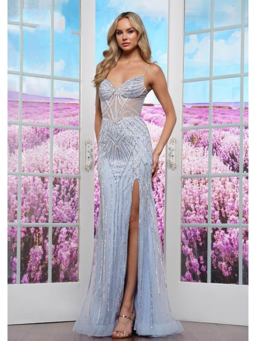 Prom Dresses Long Formal Heavy Stone Slit Prom Dress Light Blue