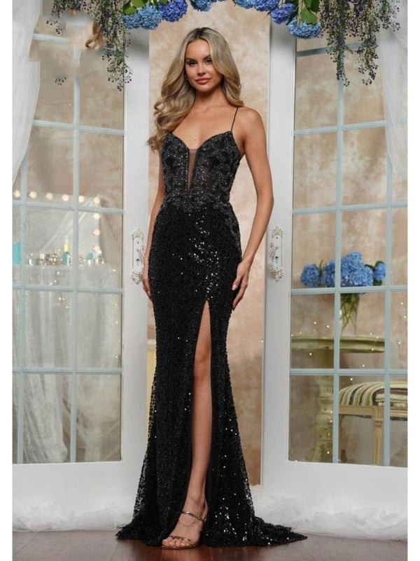 Colors 3570 Long Formal Slit Fitted Sequin Prom Dress