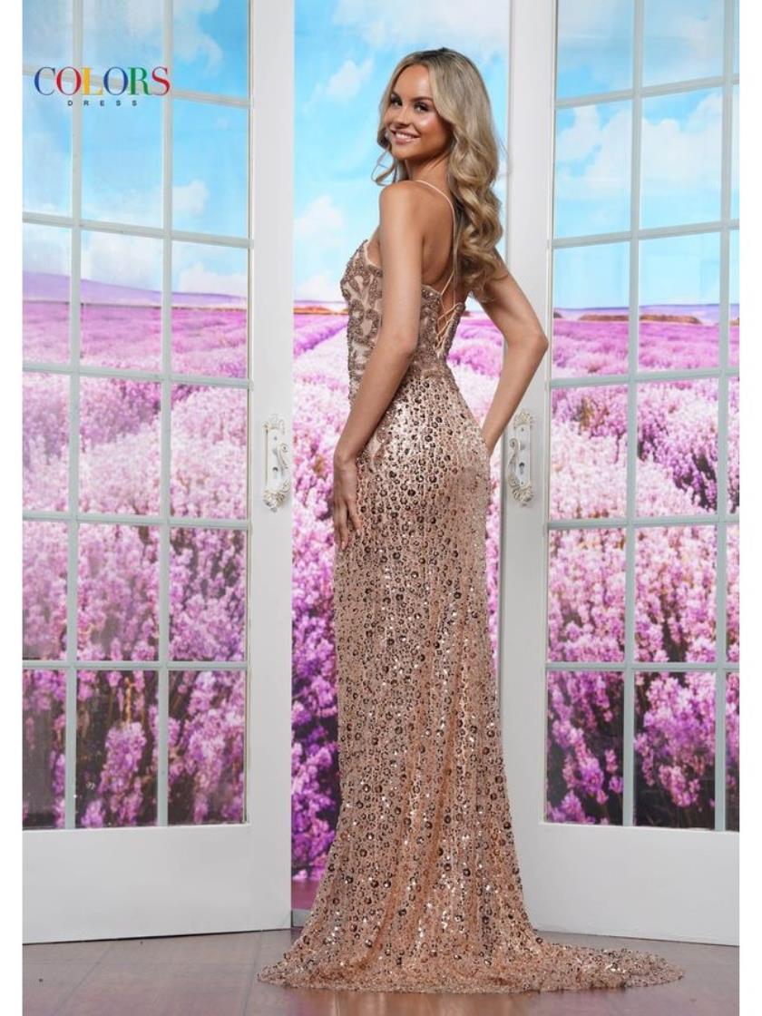 Colors 3570 Long Formal Slit Fitted Sequin Prom Dress