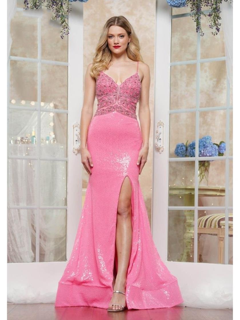 Prom Dresses Formal Heavy Beaded Long Slit Prom Dress Pink