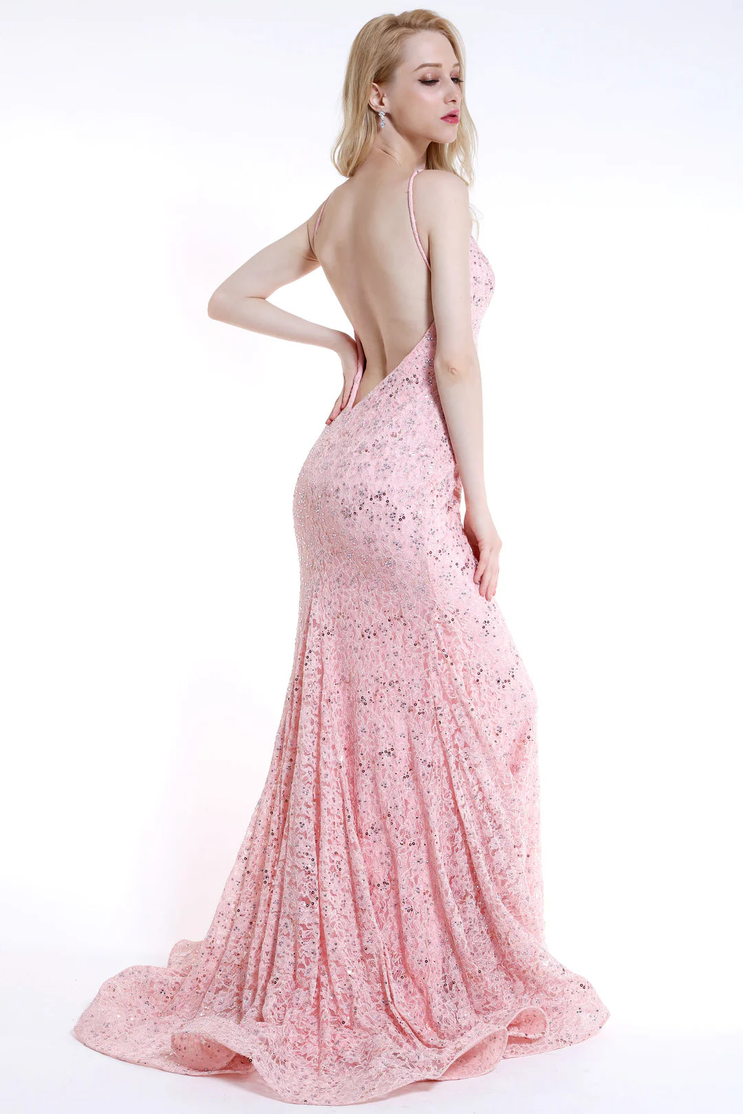 Prom Dresses Long Formal Fitted Lace Prom Dress Pink