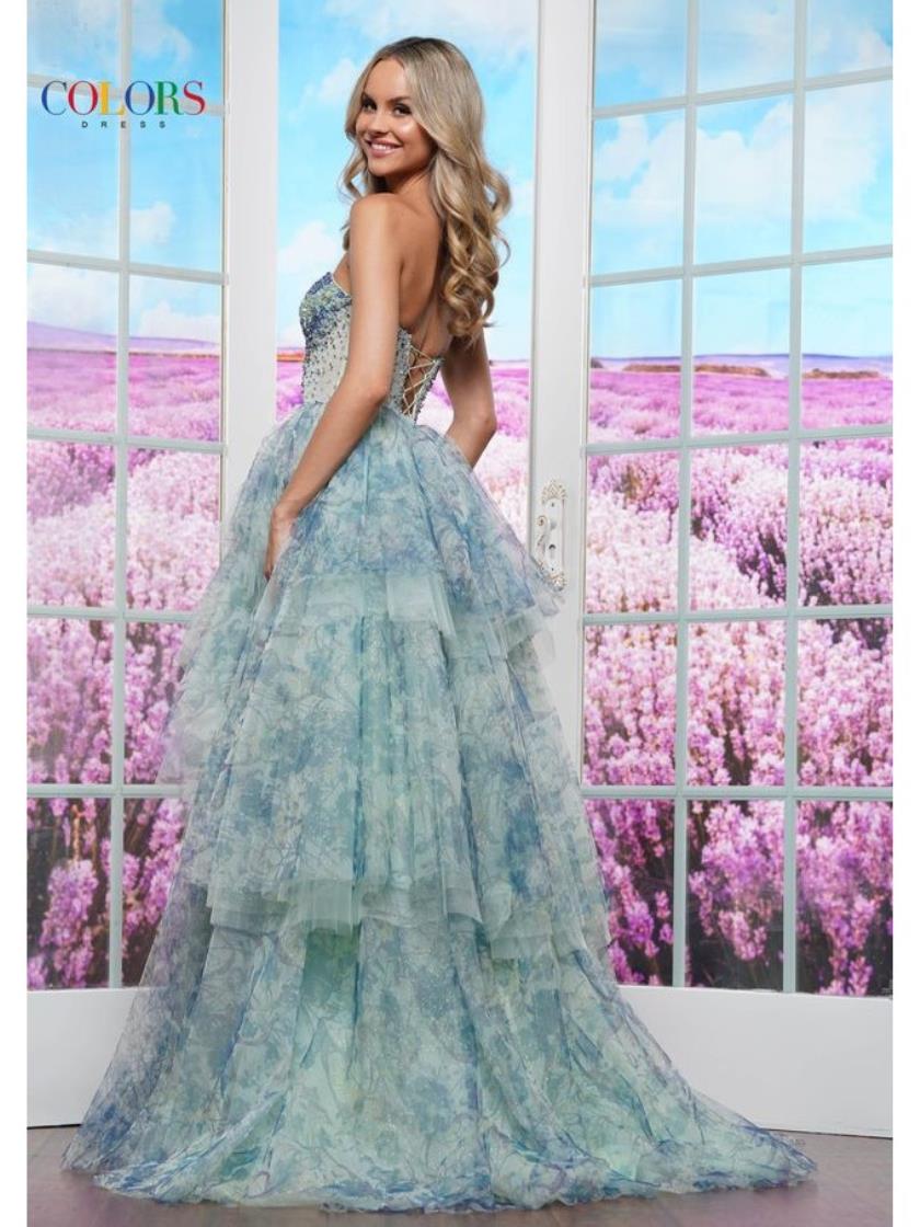 Colors 3572 Beaded Formal Print Ruffle Long Prom Dress