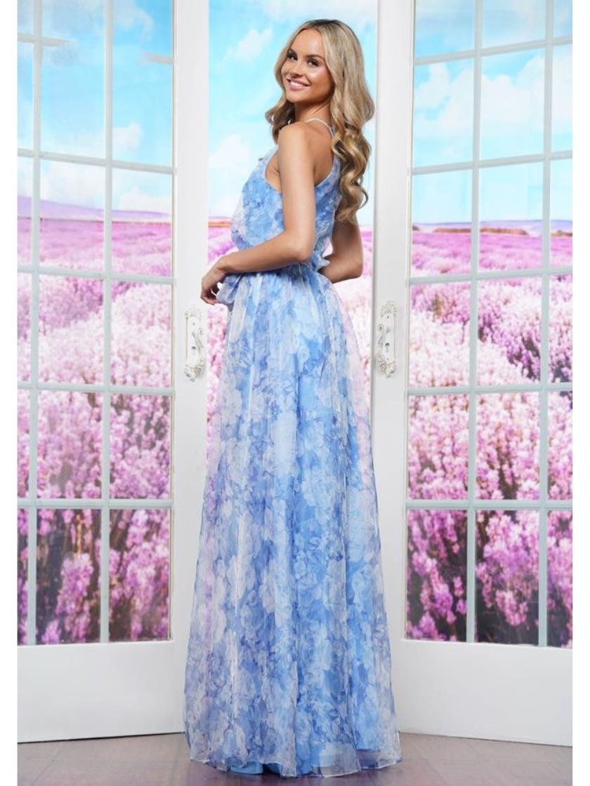 Prom Dresses Long Print Organza Formal Prom Dress  Blue