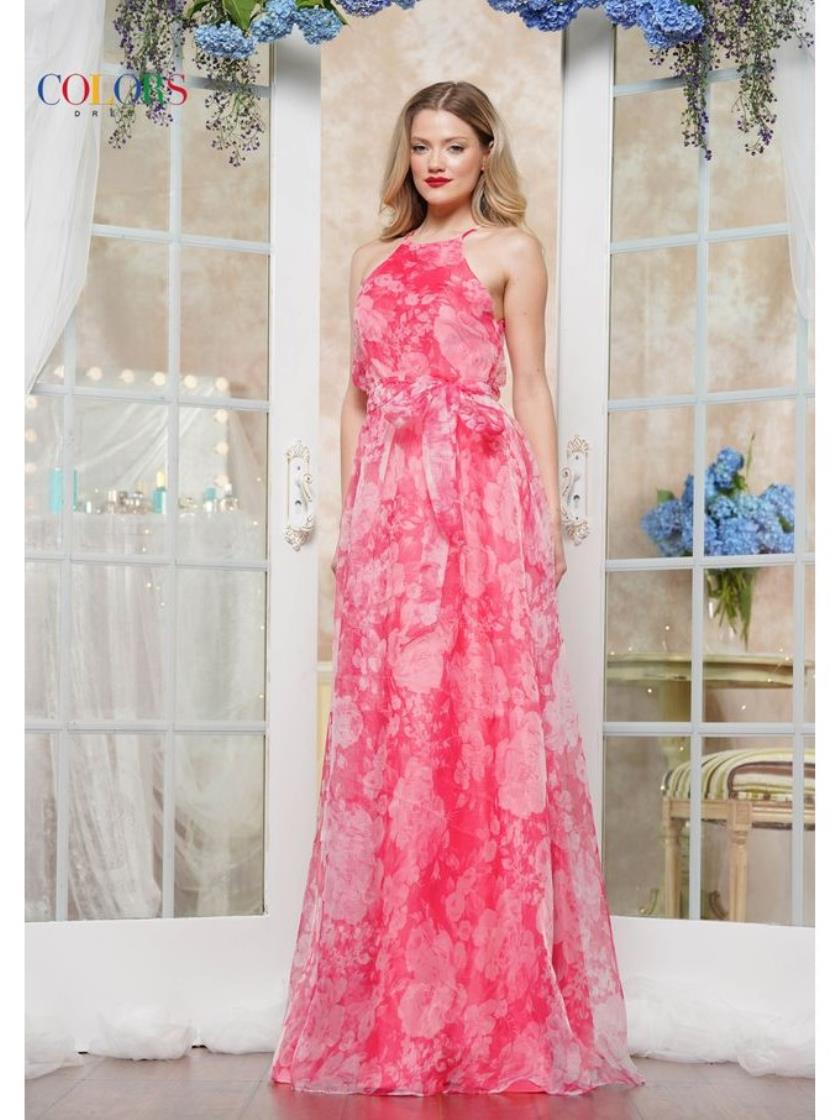 Colors 3573 A Line Long Formal Print Prom Dress