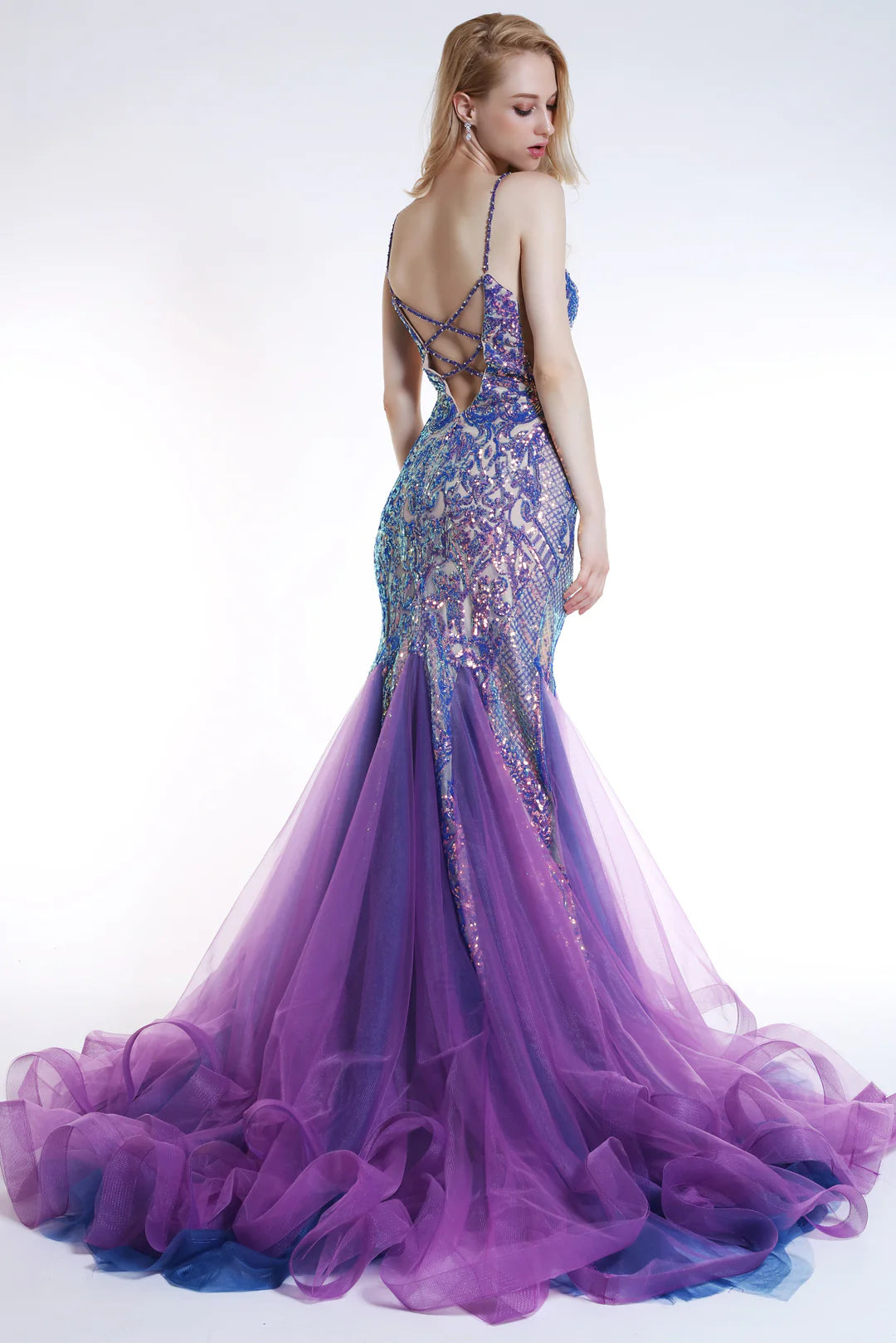 Prom Dresses Long Mermaid Formal Sequin Prom Evening Gown Nude/Iridescent Purple