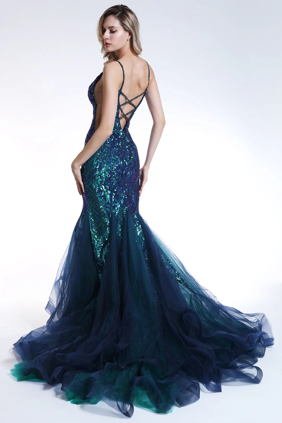 Prom Dresses Long Mermaid Formal Sequin Prom Evening Gown Iridescent Navy