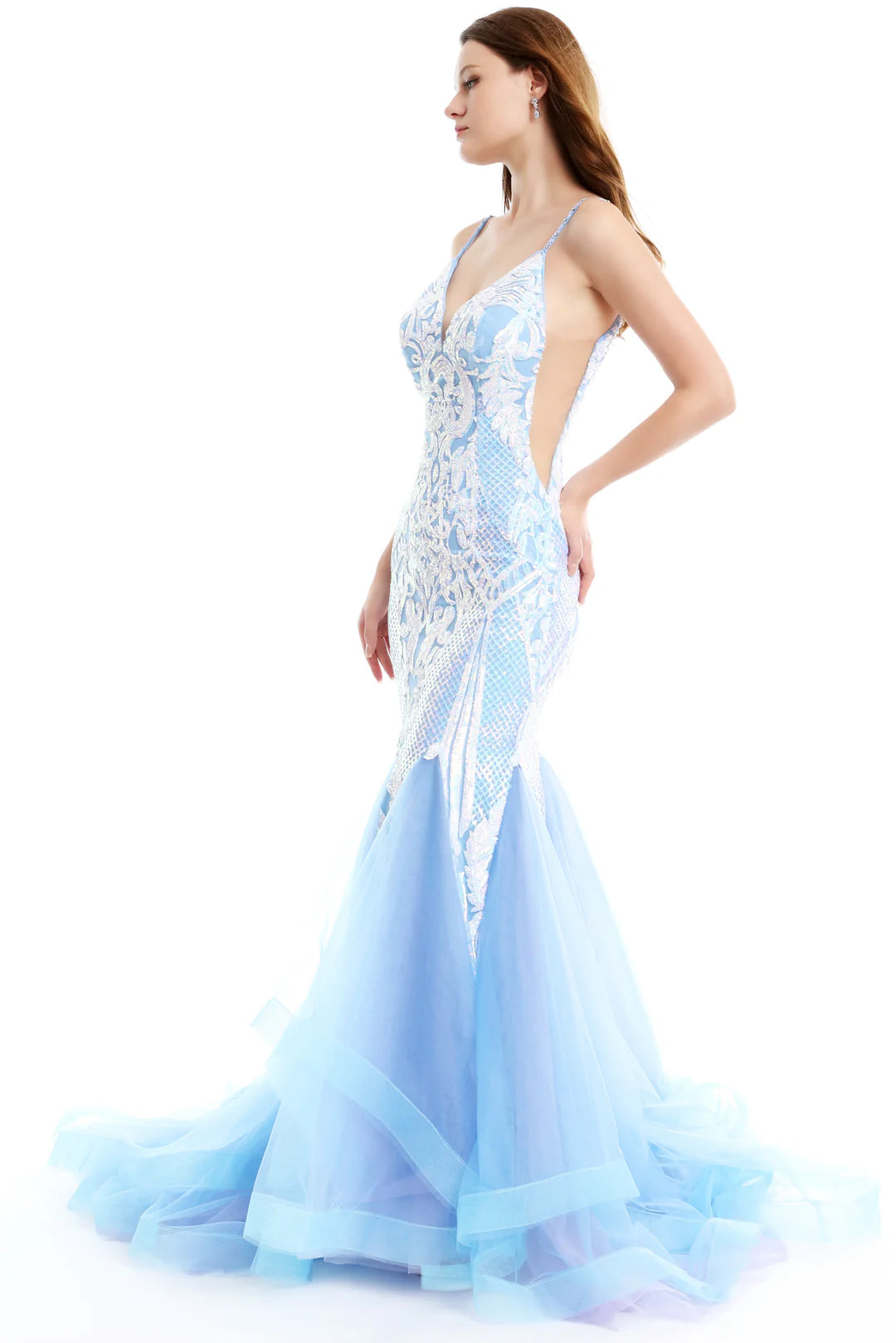 Prom Dresses Long Mermaid Formal Sequin Prom Evening Gown Iridescent Light Bue