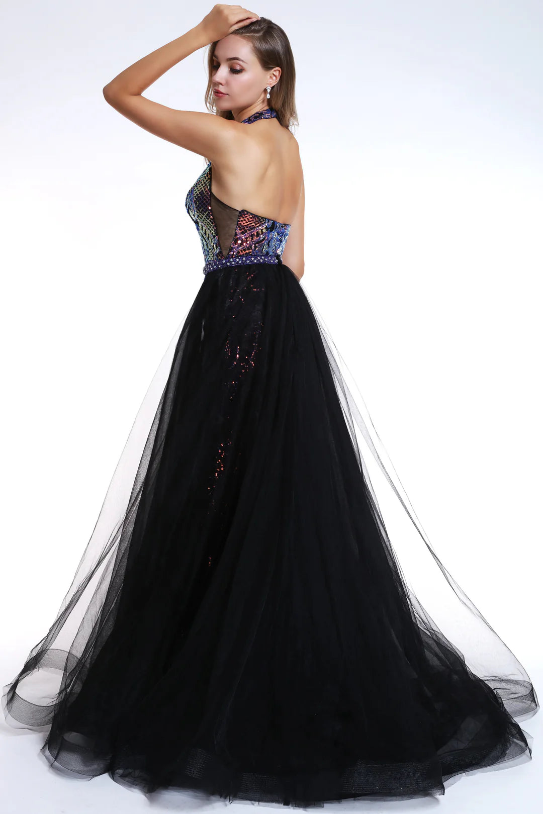 Prom Dresses Long Fitted Formal Overskirt Prom Dress Black/Iridescent Purple