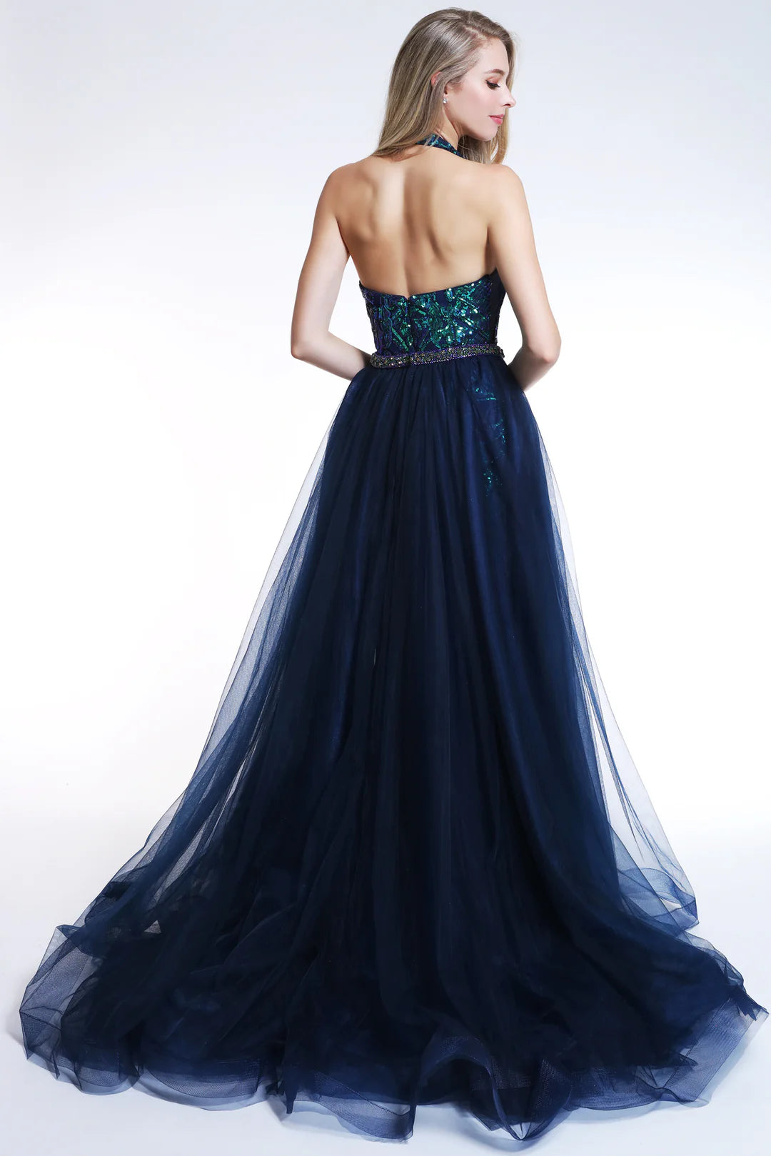 Prom Dresses Long Fitted Formal Overskirt Prom Dress Iridescent Navy