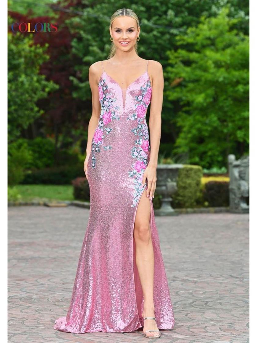 Colors 3576 Formal Floral Sequin Long Prom Dress