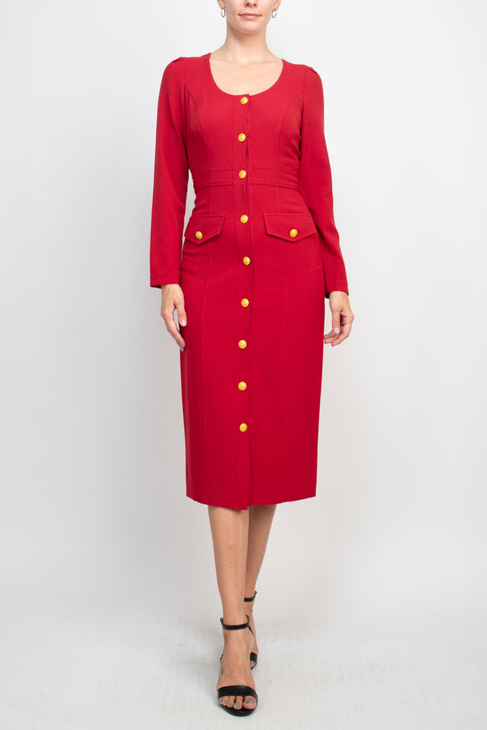 Mother of the Bride Dresses Long Sleeve Button Cocktail Midi Dress Classic Red