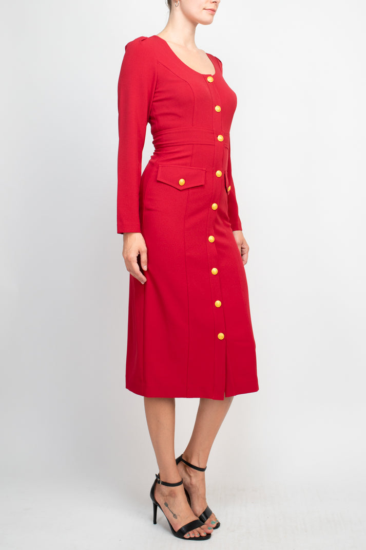 Taylor 3577M Long Sleeve Button Cocktail Midi Dress