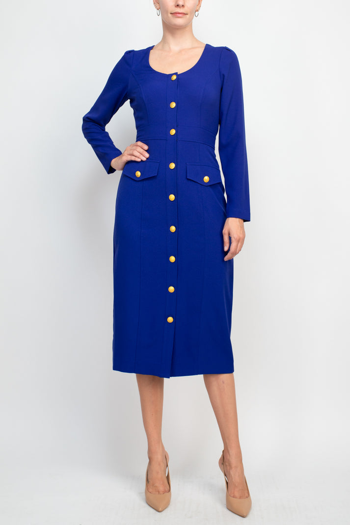 Taylor 3577M Long Sleeve Button Cocktail Midi Dress