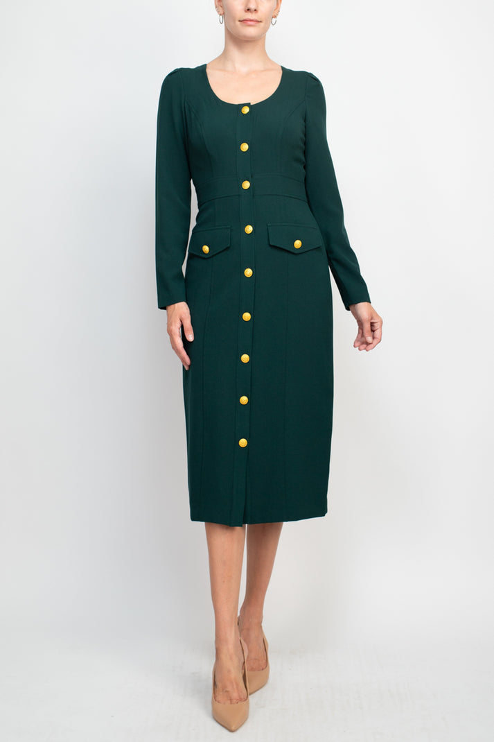 Taylor 3577M Long Sleeve Button Cocktail Midi Dress